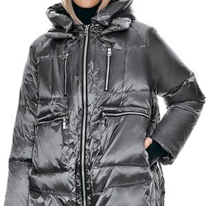Orolay Women XXS Shiny Gray Hooded Down Winter Jacket Fashion Oversized Coat RDS